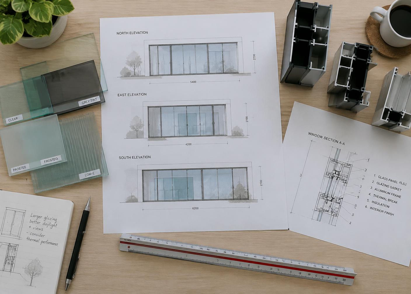 Window elevation drawings, glass samples and frame profiles on a design desk