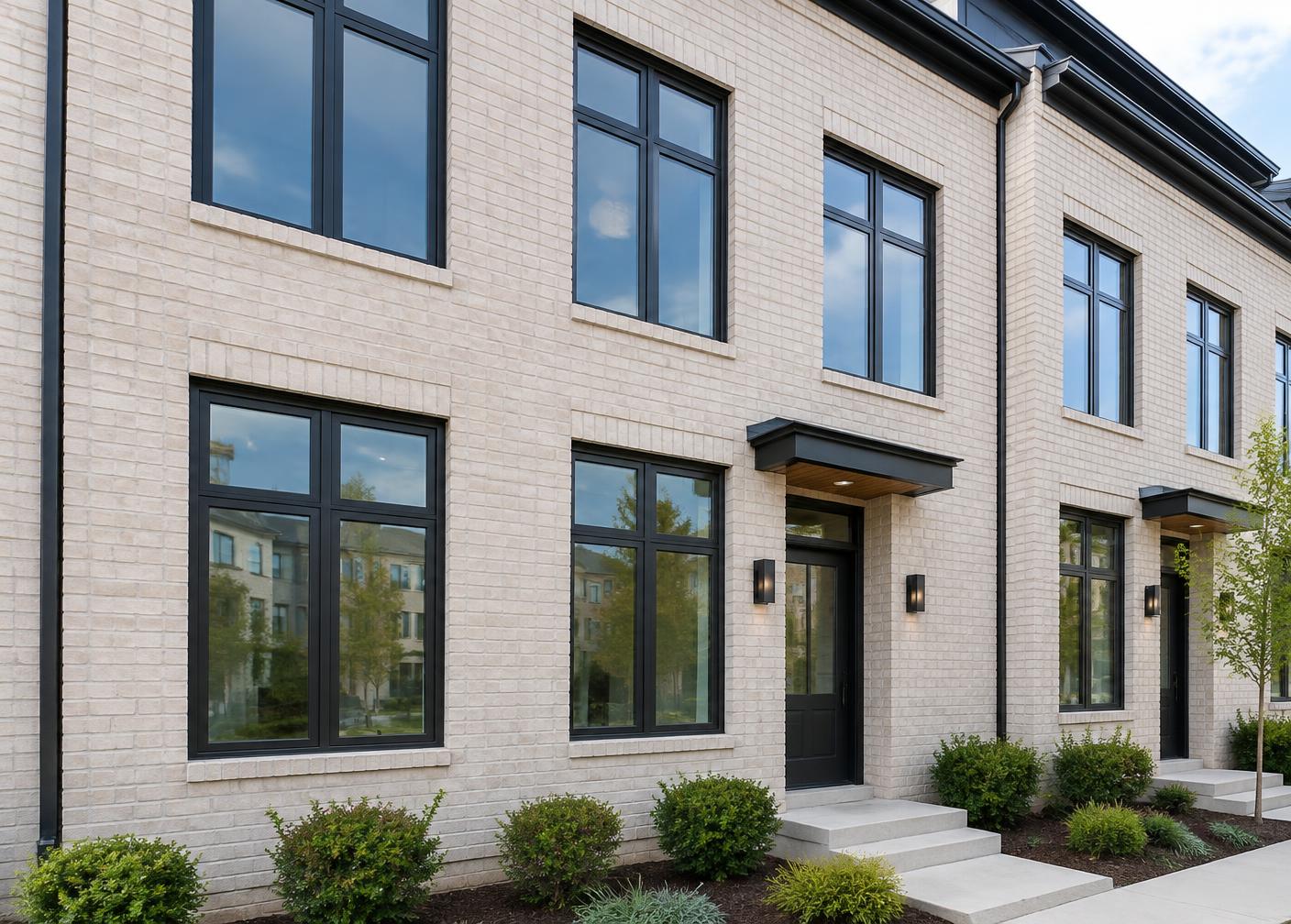 New black-framed windows on a light brick townhouse facade
