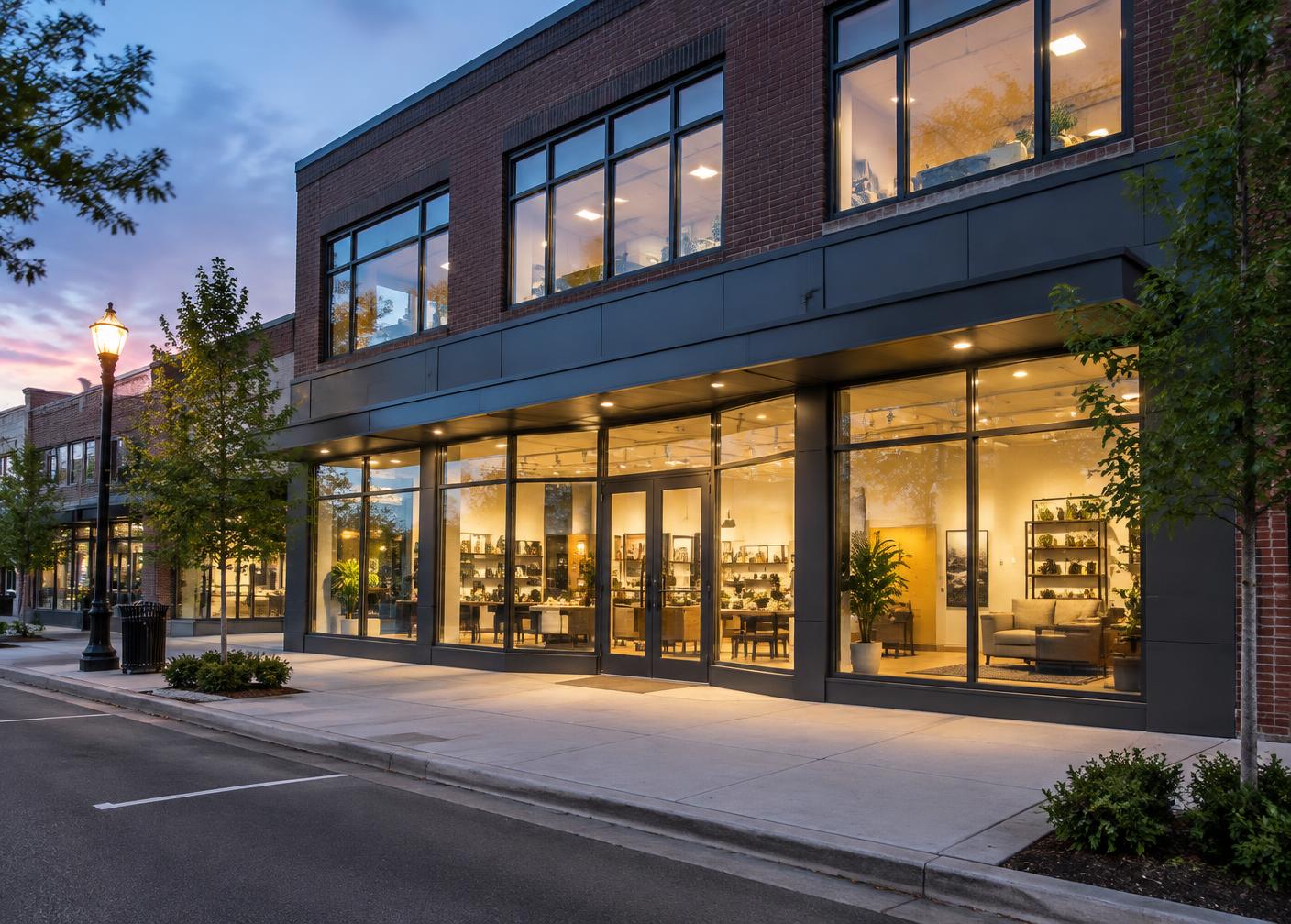 Ground-floor commercial storefront with large glazed windows at dusk