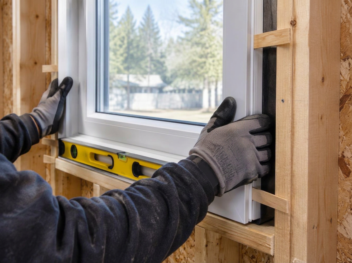Gloved hands leveling a new window unit inside a framed rough opening