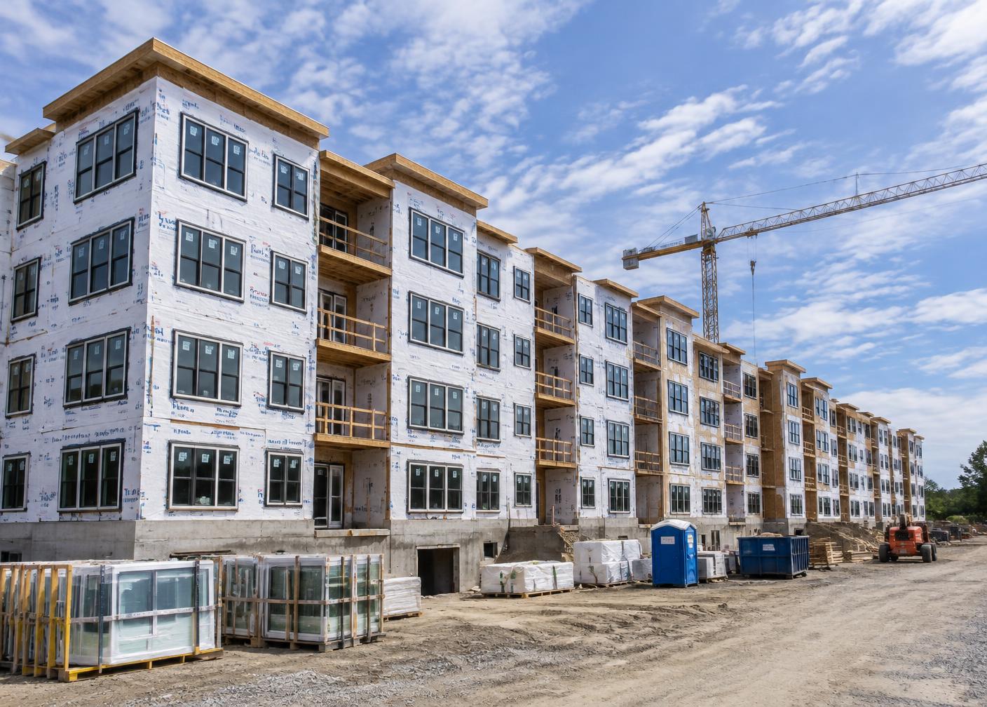 Multi-unit residential building under construction with installed windows and a crane
