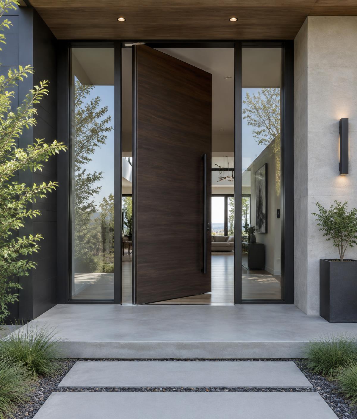 Dark wood pivot entry door flanked by tall glass sidelights