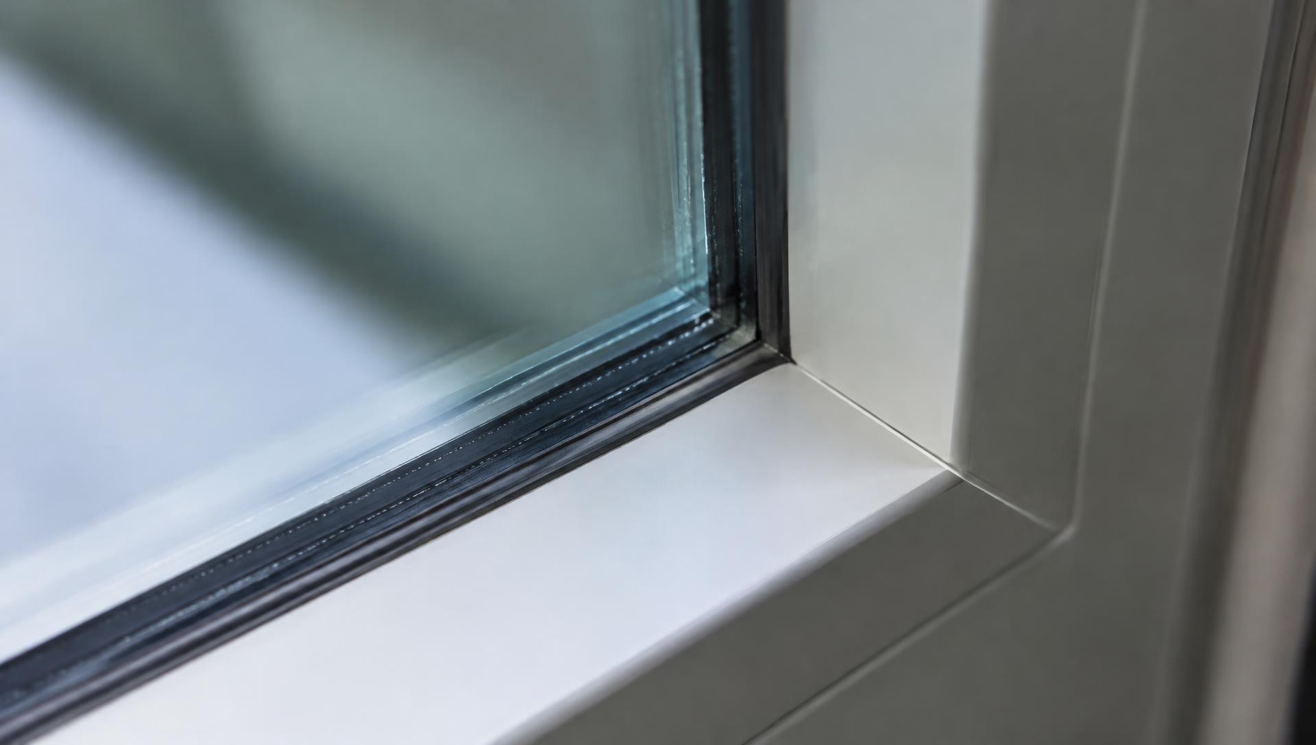Close-up of a window frame corner showing the double glazing edge and sealed joint