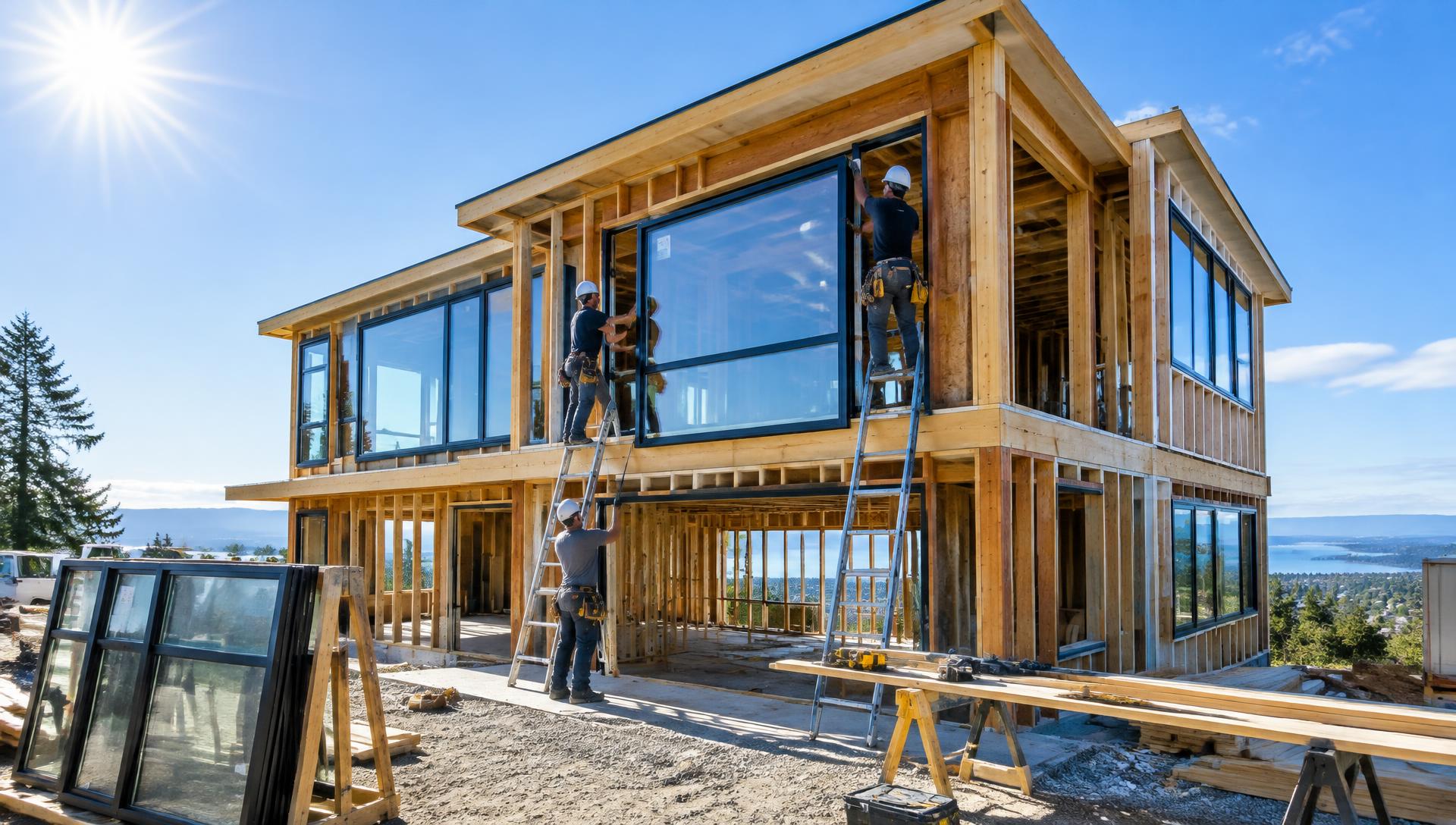 Crew installing large black-framed windows on a new timber-framed home on a sunny day