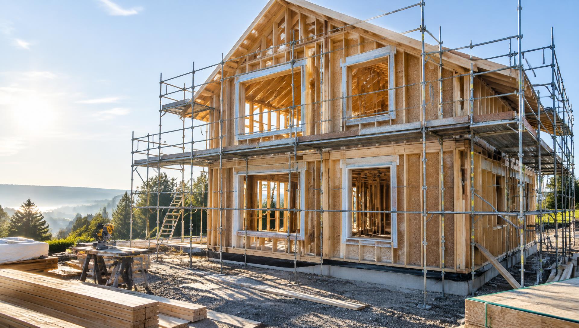 Timber-framed house under construction with framed window openings and scaffolding