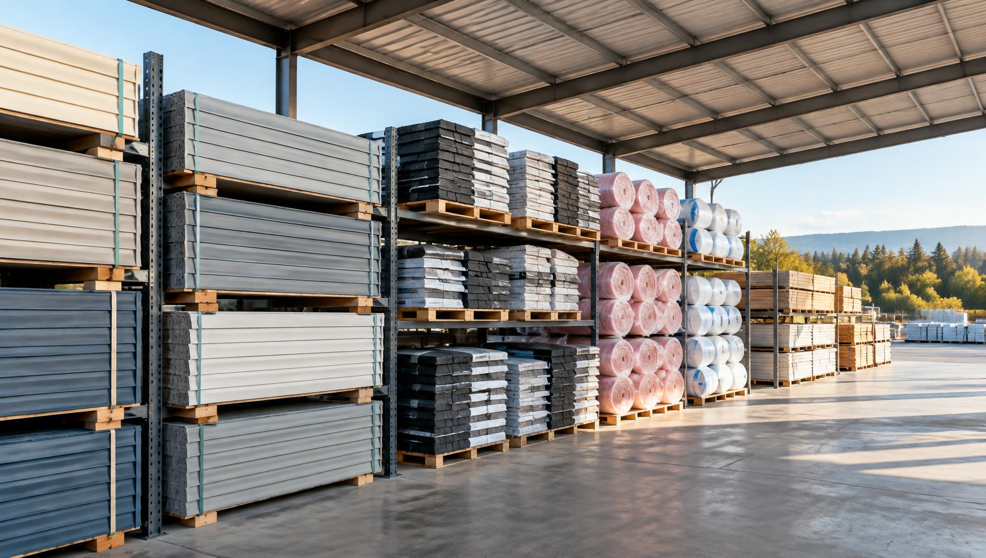 Racked siding, roofing and insulation products under a covered yard (representative image)