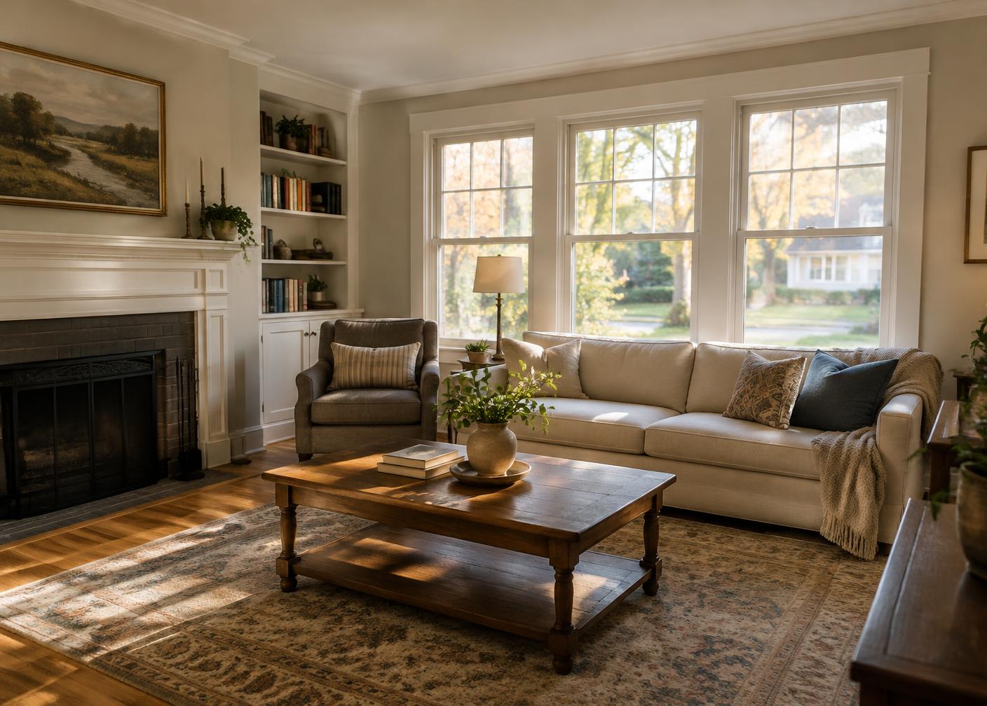 Living room with three new double-hung windows in warm afternoon light