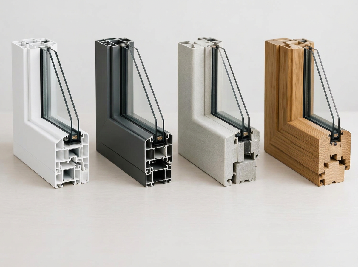 Cut-section samples of vinyl, aluminum, fiberglass and wood window frames