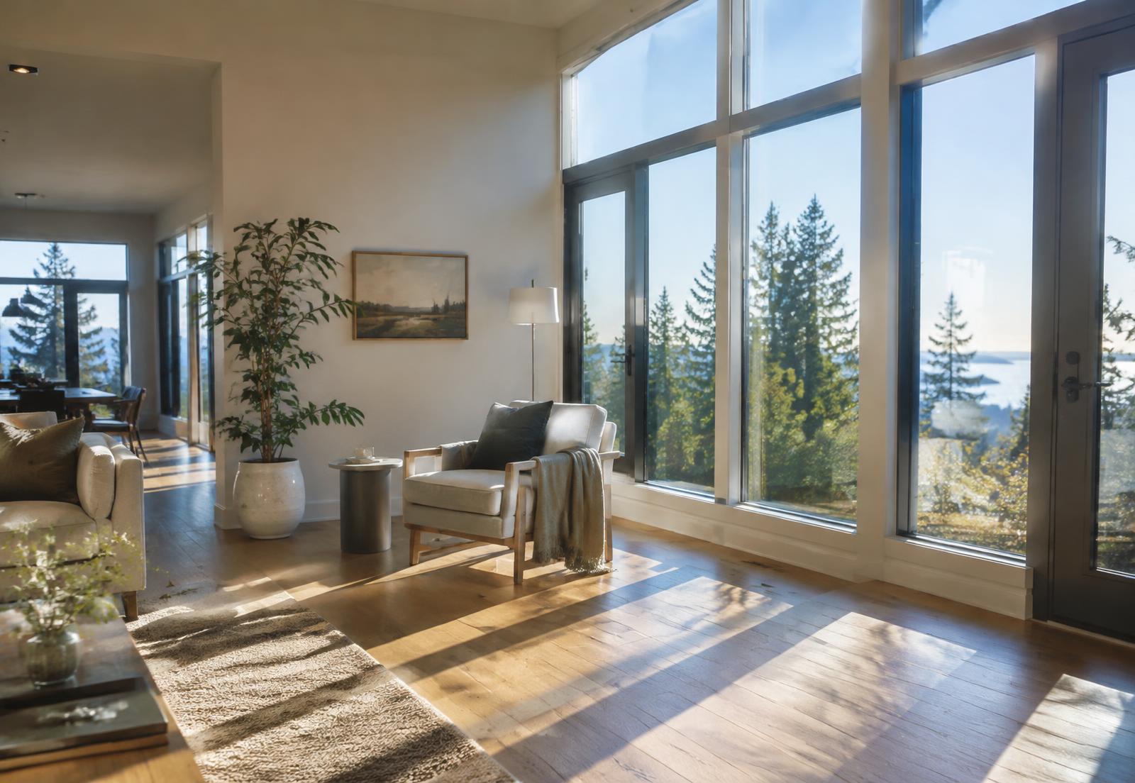 Sunlit living room with tall windows overlooking evergreen trees