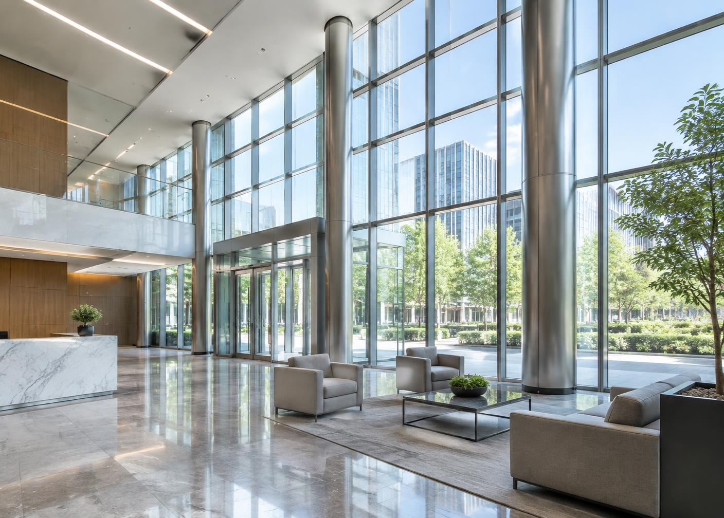Office lobby with a tall glass curtain wall and steel columns