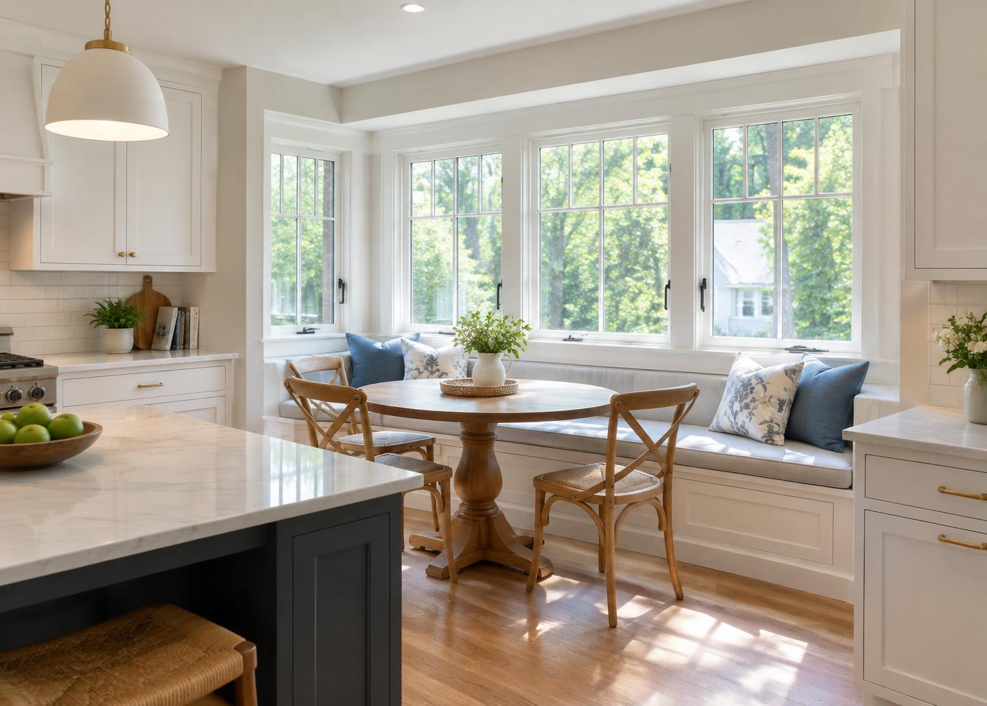 Renovated kitchen breakfast nook with a row of new casement windows