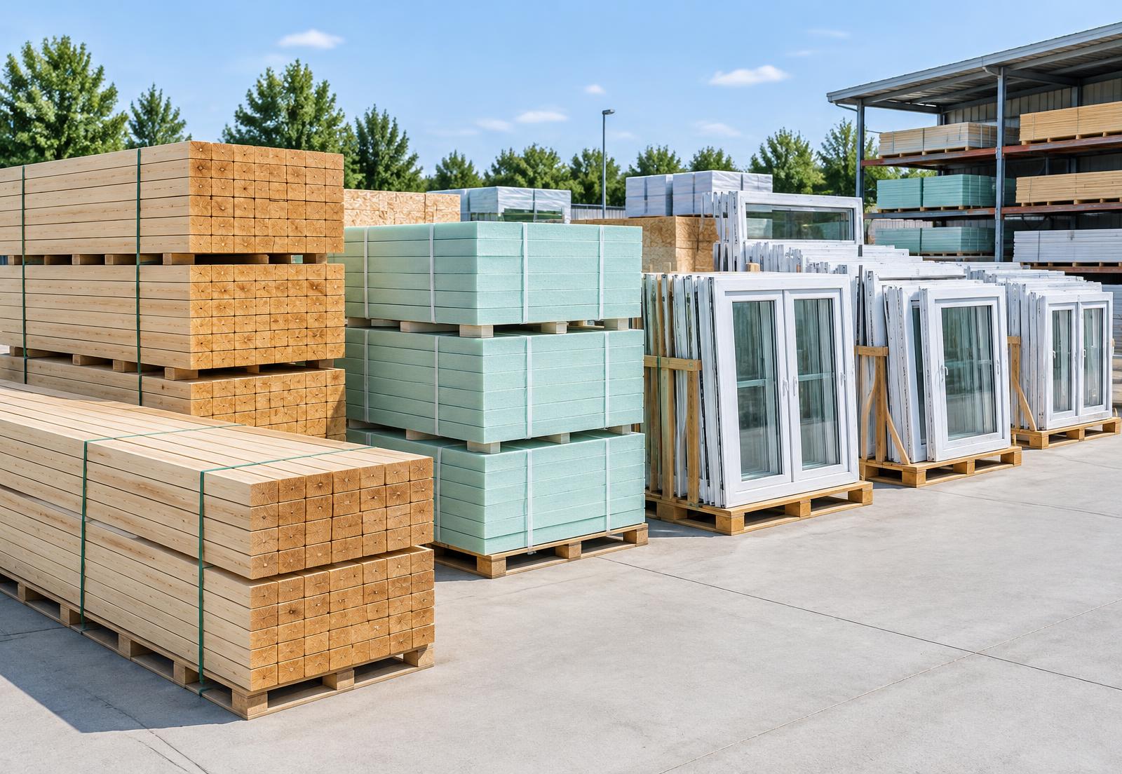 Organized pallets of lumber, insulation boards and window units in a materials yard