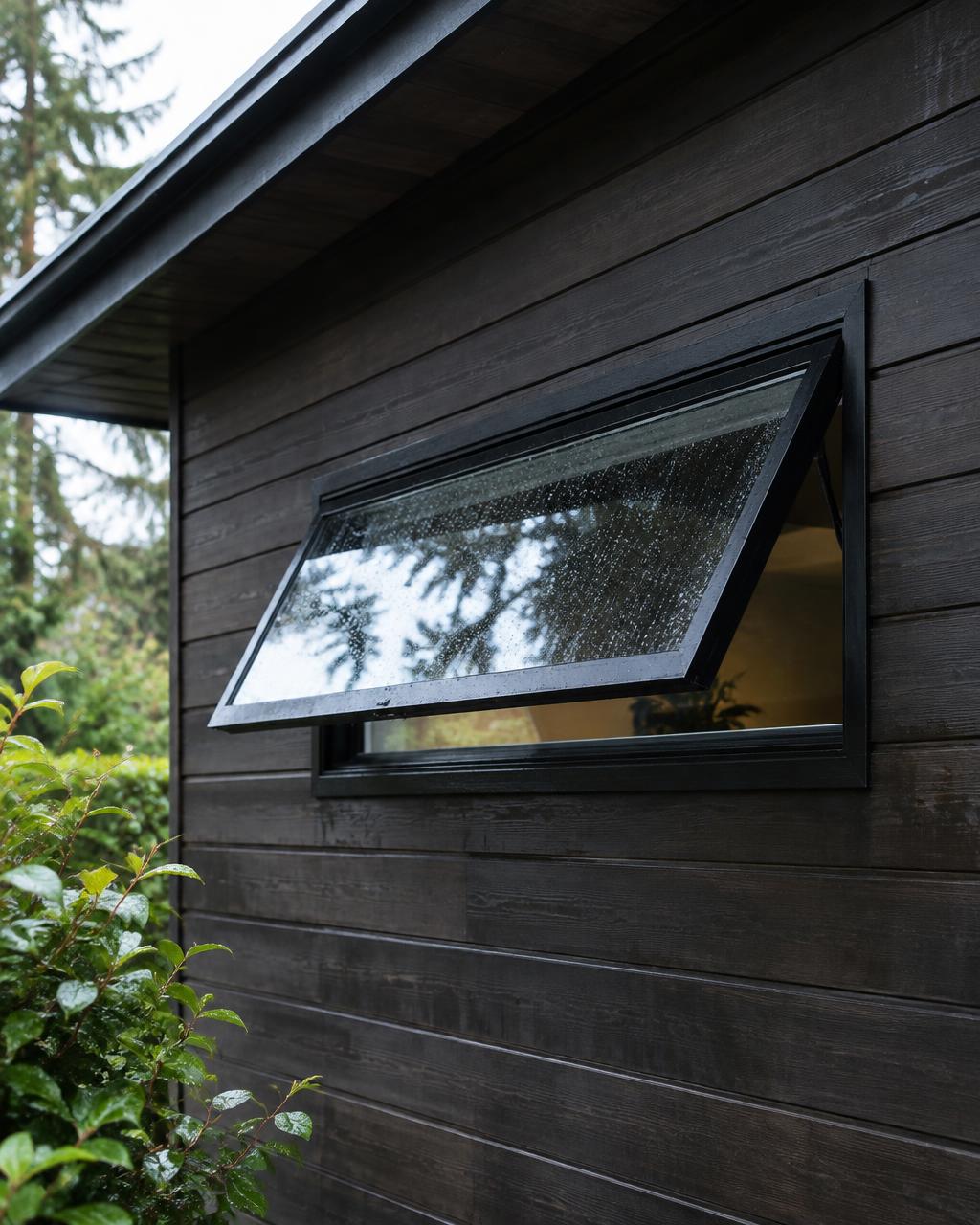 Top-hinged awning window tilted open on dark wood siding
