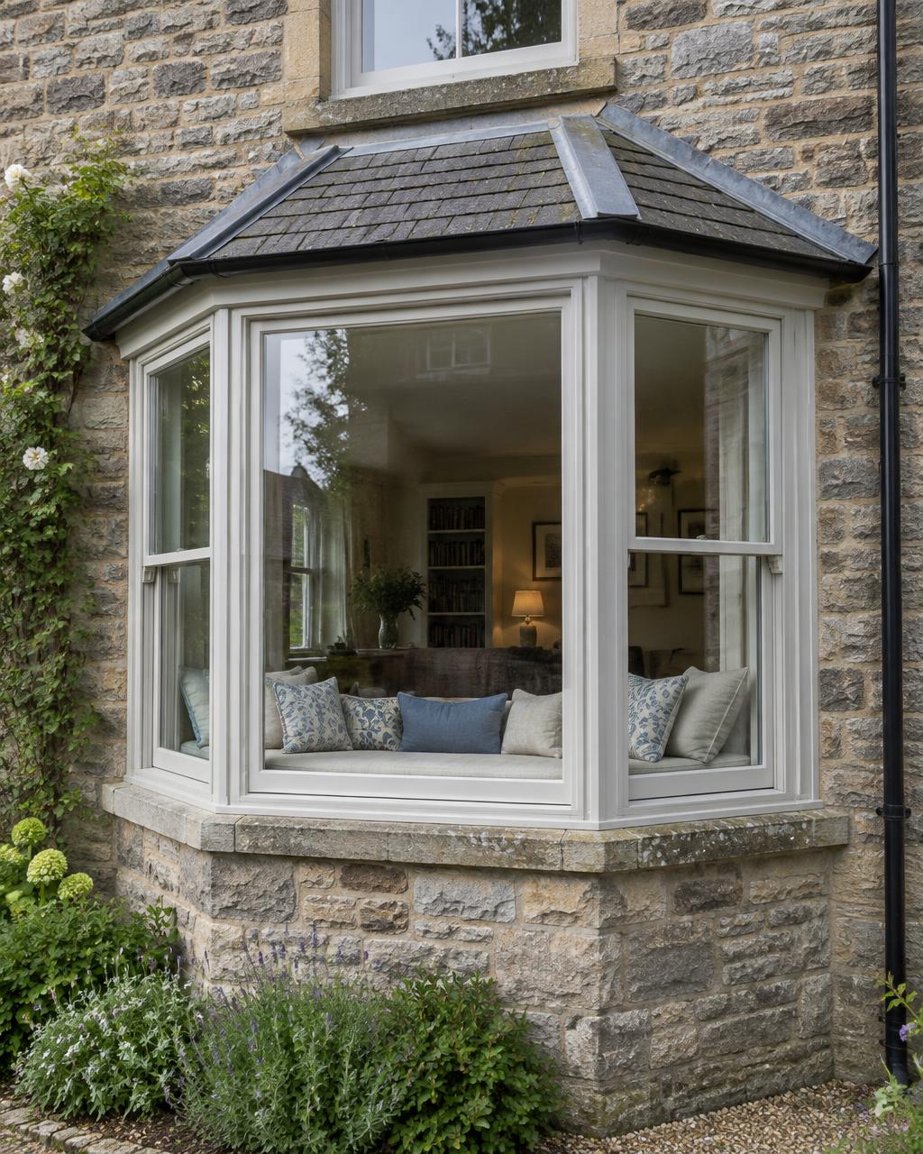 Three-panel bay window with window seat on a stone house