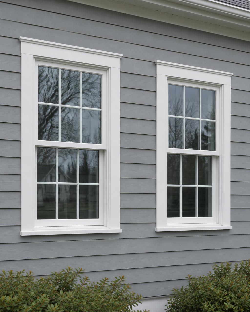White double-hung windows with grilles on gray clapboard siding