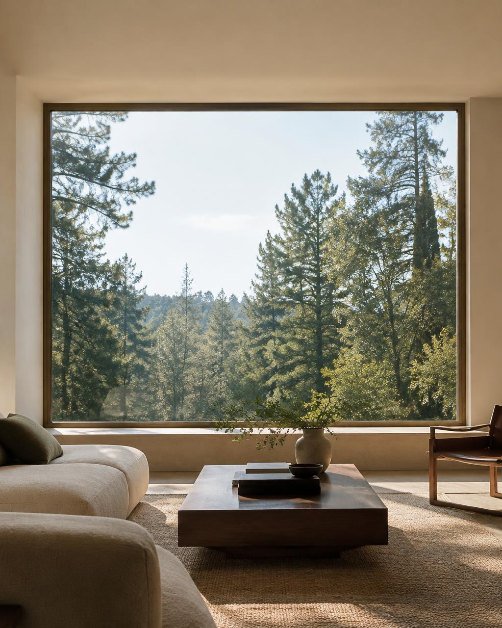 Large fixed picture window framing a forest view in a living room