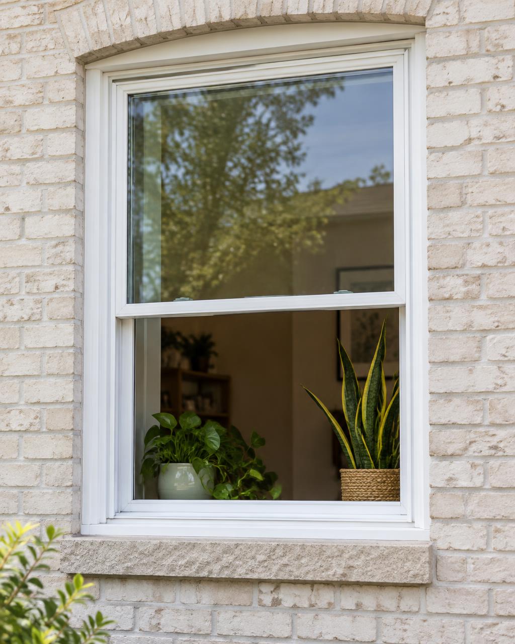 Single-hung window with raised lower sash set in a light brick wall