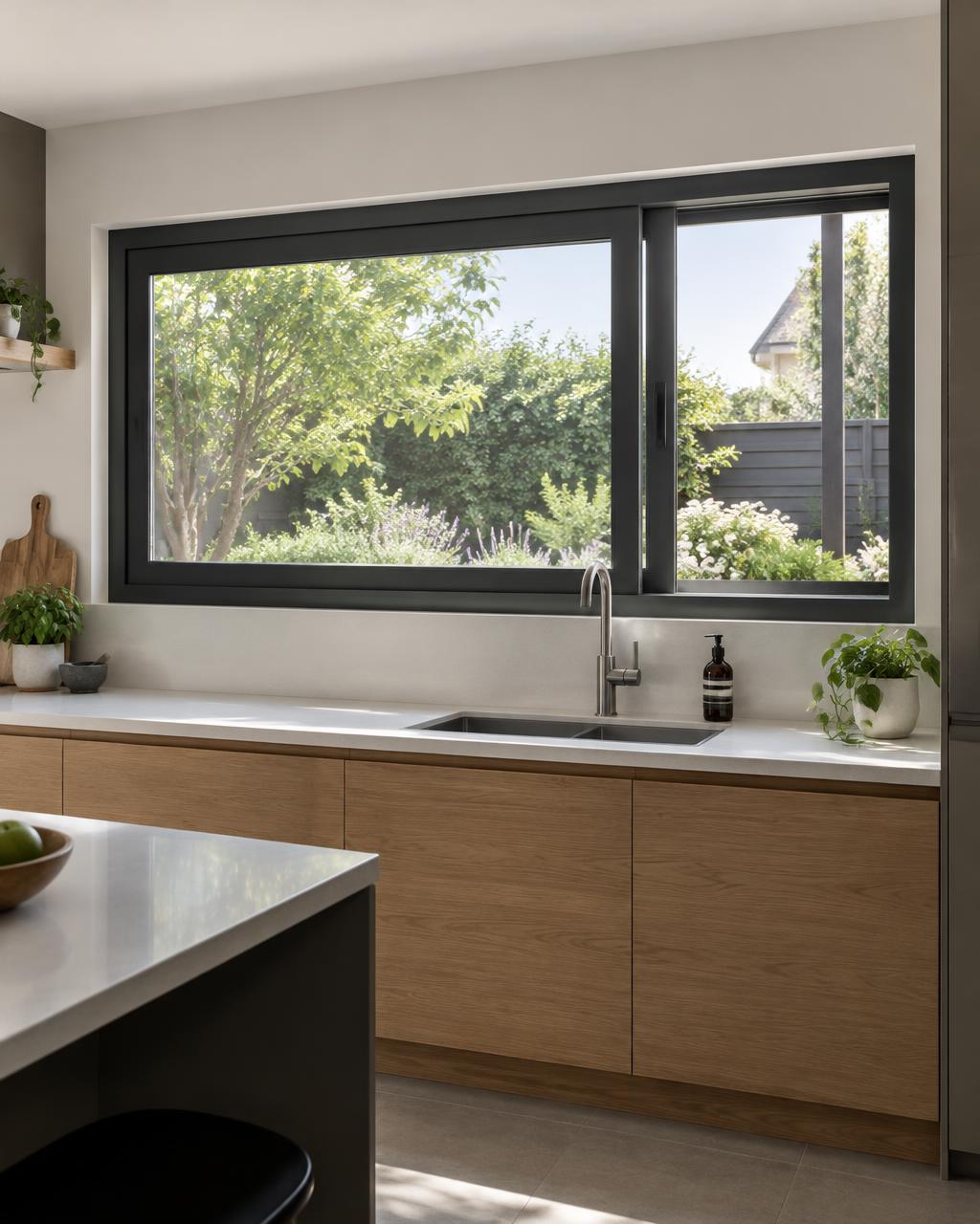 Dark-framed horizontal sliding window above a kitchen sink