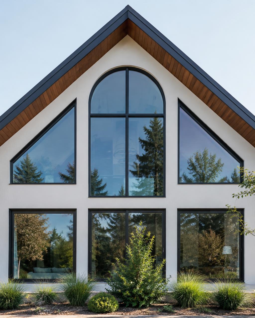 Arched and triangular specialty windows on a gable facade